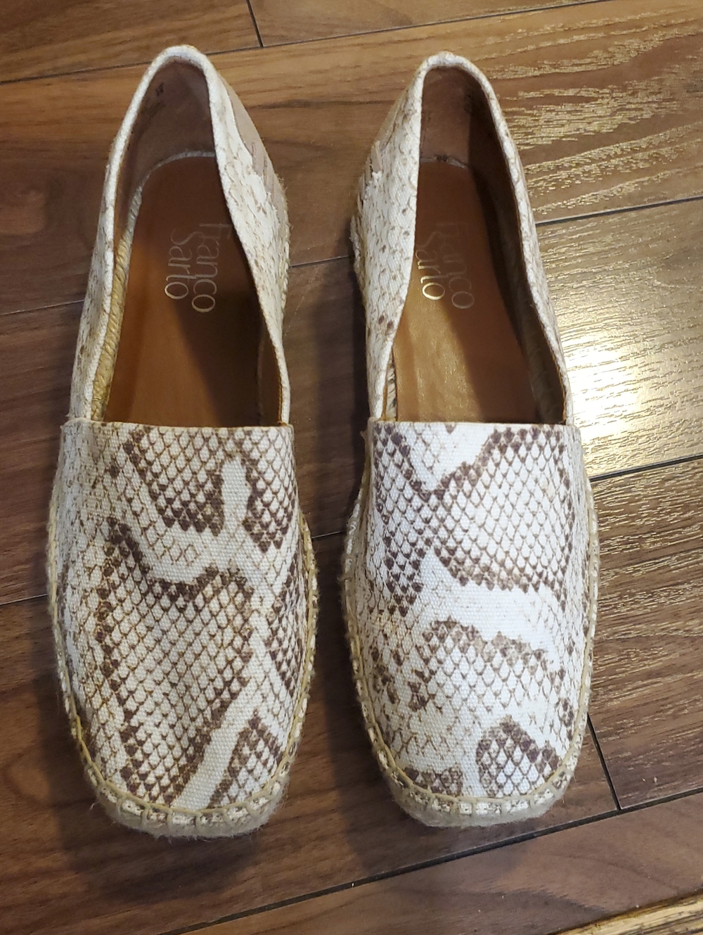 Franco Sarto Cream and Brown Snakeskin Espadrille Loafers